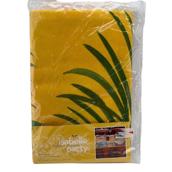Isabelle Party Yellow & Green Paper Table Cover 62.5" X 89.5" With Palm Design - Picture 1 of 6